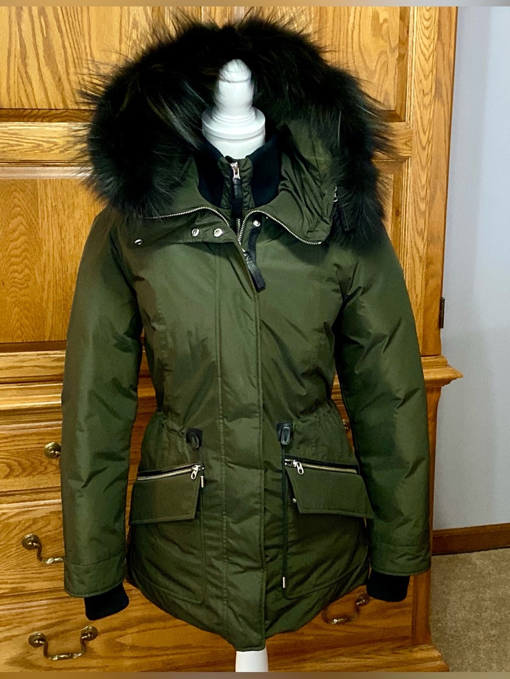 Mackage Katryn Duck Down Insulated Coat Dark Green Black Raccoon Fur Hooded Sz S